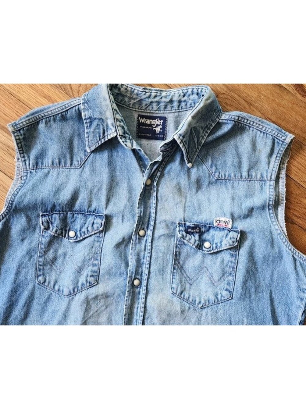 Vintage Wrangler Pearl Snap Western Sleeveless Harley Anvil Flag Patches 80s